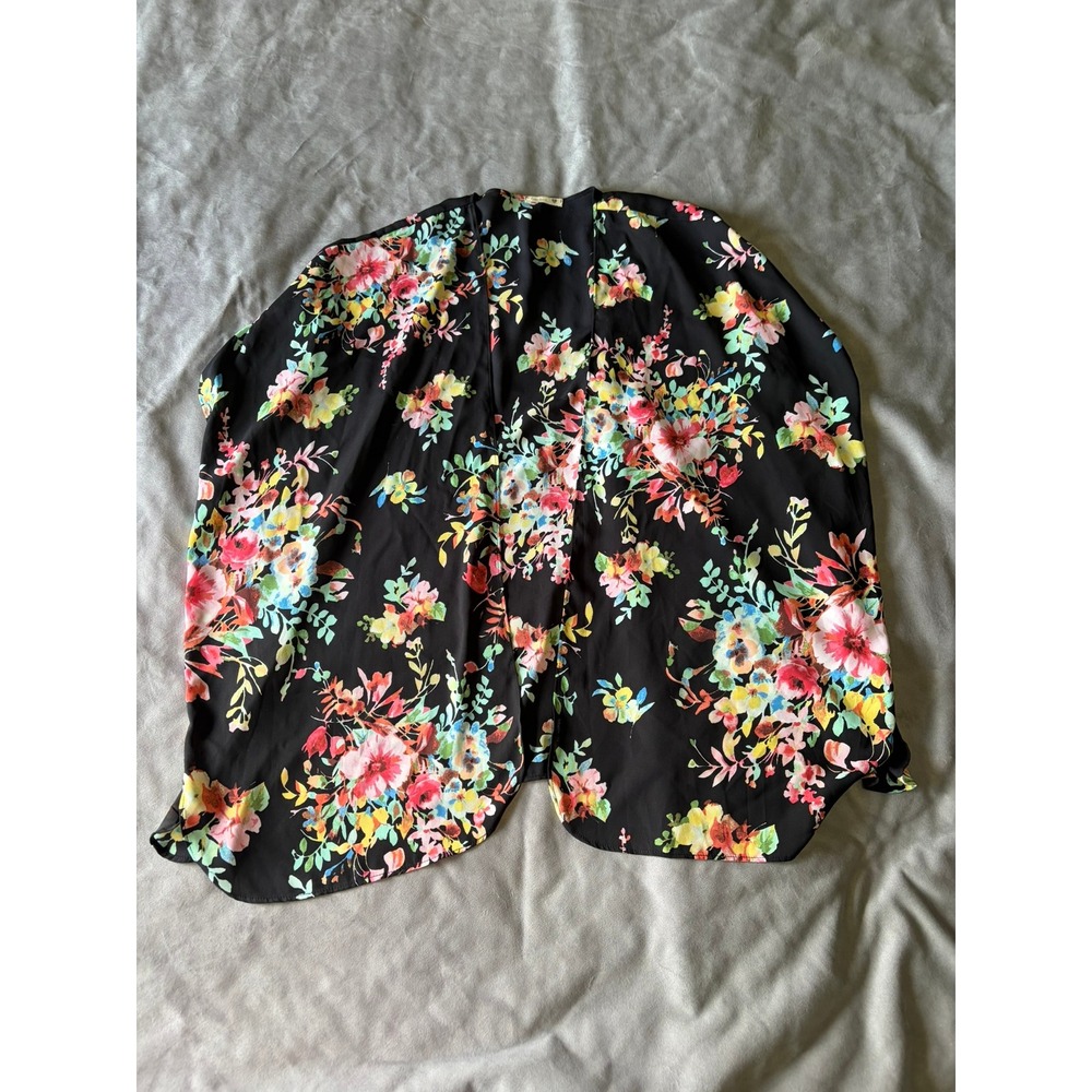 Soprano Womens Floral Kimono Cardigan Black Multi Color Open Front Wrap Size L